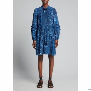 FIGUE Zellie Pleated-Ruffle Bib Blue Motif Dress Size M